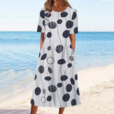 Patcute Summer Holiday Dress Women Vintage Print Short Sleeve O Neck Pocket Casual Long Dress Boho