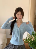 Patcute Spring and Autumn Women's New Bow Lace-up Long Sleeve V-Neck Slim-fit Knitted Sweater