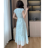 Patcute  2024 New Summer Blue Chiffon Holiday Dress Fashion Sweet Women O Neck Short Sleeve Ruffles Fold Slim Waist Party Midi Clothes