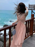 Patcute Summer New Fashion Women Sexy Pleated  Boho Long Dress Vacation Beach Strap A line Ladies Robe 2024 Sundress