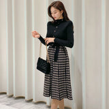 Patcute  Korean Elegant Knitted Plaid Patchwork Midi Dress for Women Long Sleeve O-neck Bird Lattice Bow Pleated Dress Autumn Winter