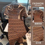 Patcute  Vintage Elegant Jacquard Knitted Pencil Dress Women Summer Korean Fashion Ladies Slim Short Sleeve Round Neck Vestido Femme