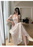 Patcute  Summer Fashion French Retro A-Line Fairy Party Dress Female Floral Square Neck Lantern Sleeves High Waist Pleated Vest Dresses