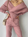 Patcute Sexy Off Shoulder Knitted Two Piece Set Women 2 Piece Sweatpants Women Set Tracksuit Knit Sweater Pants Matching Sets For Women