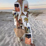 Patcute Elegant Printed Vocation Beach Set Fashion Lapel Button Shirt & Long Pants Outfits Women Causal Long Sleeve Loose Two Piece Suit