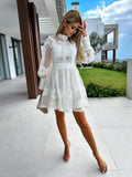 Patcute White Midi Dresses For Women Summer 2024 Elegant Lace Sewing Dresses With Long Sleeve Hollow Flowers Short Dress Ladies Vestidos