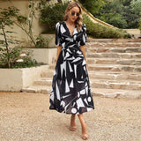 Patcute  2024 Elegant Waist Cinching V-neck Printed Elastic Waist Maxi Sexy Dress Women Clothing Vestido High Quality Luxury Design Dress