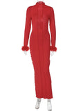 Patcute autumn winter new red feather sleeve midi dresss for women gown fashion turtleneck backless sexy party long dress