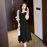 Patcute   Summer Women's French Pearl Collar Midi Dress Korean Ladies Graceful Evening Party Patchwork Red Gown Slim Waist Dresses