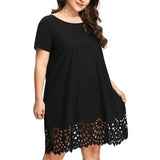 Patcute  Plus Size Women Dress Sexy Lace Solid Short Sleeve O-Neck Hollow Out Casual Dress Bohemian Beach Holiday Loose Summer Mini Dress