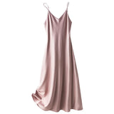 Patcute 100% Silk  Summer Women's New V-neck Slim Dress Satin Ladies Sexy Suspender Dress Long Dress