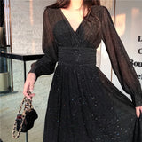 Patcute Vintage Sexy Maxi Dresses for Women Party Sequin Midi Dress Female Casual Chiffon Slim Korean Woman Dress Elegant Autumn