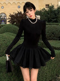 Patcute Elegant Solid Knitted Dress Women Long Sleeve Half High Collar A-line Mini Dresses Autumn Winter Birthday Party Vestidos Trend