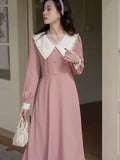 Patcute  French Vintage Elegant Peter Pan Collar Pink Long Dress Women Spring Autumn Fashion Sweet design Ladies Loose Casual Midi Dress