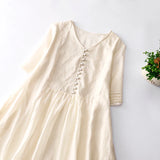 Patcute  Limiguyue Summer High Quality Embroidery Cotton Linen Dress V-Neck Apricot Literary A-Line Large Size Long Dresses Soft U790