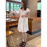 Patcute Sweet V-Neck Button Spliced Folds Puff Sleeve Mini Dress Female Clothing 2024 Summer New Loose Casual Solid Color Princess Dress