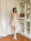 Patcute Retro Floral Camisole Dress For Women'S Summer New Butterfly Print Design With A Flapping Collar And Pleated Short Skirt