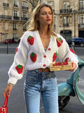 Patcute Y2k Strawberry Embroidery Cropped Sweater For Women Knit Cardigan Female Autumn Long Sleeve Loose Flower Sweater 2024 New