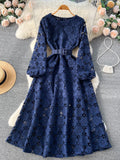 Patcute Spring Autumn Women Hook Flower Hollow Party Long Dress Vintage Round Neck Puff Sleeve High Waist A-Line Maxi Vestidos New 2024