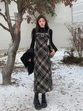 Patcute Autumn Elegant Plaid  2 Piece Dress Set Women Outwear Casual Black Blouse + Vintage Slim Strap Dress Korean Fashion Suit