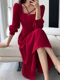 Patcute  Korean Fashion Women Vintage Casual A-Line Party Dress Elegant and Chic Solid Birthday One Pieces Vestidos Red Prom Female Robe