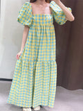 Patcute  Korean style Summer Plaid Print Ruffle Square Neck Checked Dress Short Sleeve Tie Up Strap Gingham Midi Dress Women