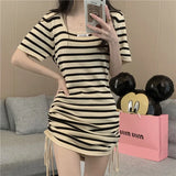 Patcute Women Stripe Square Collar Knitted Dress Summer New Korean Elegant Slim Fit Drawstring Short Sleeve Dresses 2024