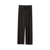 Patcute  Women's Vertical Stripe Ice Silk Wide Leg Pants Spring And Summer Women's High Waist Drawstring Casual Stretch Straight Trousers