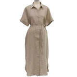 Patcute Summer Cotton and Linen Long Dress Fashion New Polo Neck Single Breasted Shirt Dress Casual Simplicity Loose Lace-up Vestidos