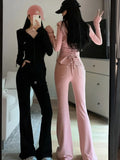 Patcute Y2K Casual 2 Piece Set Tracksuit Women Hooded Zip Up Slim Coat + Drawstring Wide Leg Pants Autumn Korean Fashion Solid Outfits