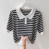 Patcute  Fashion Women Short Sleeve Striped Knitted Polo Shirts Spring Summer All-match Tees Female Clothing New Pullover Bottoming Tops