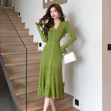 Patcute  Elegant Women V Neck Knitted Sweater Dress Chic Autumn Winter Green Single Breasted Flare Sleeve Ruffles Mermaid Midi Vestidos