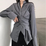 Patcute   Korean Style Women Blouses Tunic White Casual Chic Elegant Female Fashion Irregular Top Long Sleeve Shirts Office Wear