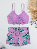 Patcute  Tropical Print Drawstring Bikini Women High Waist Swimsuit Tie Front Shorts Swimwear Female Bathing Suit Swimming Summer