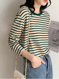 Patcute  Autumn T-Shirt Woman Korea Loose Cotton T Shirt Women Casual Top Tee Green Black Striped Long Sleeve Tshirt Basic Winter