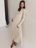 Patcute  Tossy Lace-Up Female Knit Maxi Dress Autumn High Waist Fashion Patchwork Long Sleeve Loose Solid Dress Bandage Knitwear Dress