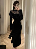 Patcute Elegant Velvet Dress Women Autumn Winter Long Sleeve O-neck Lace Slim Sexy Bodycon Female Evening Party Prom Robe Vestidos Mujer