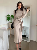 Patcute 2024 New Autumn Winter Korean Style Temperament Knitted Dress Ladies Slim Waist Lace-Up Knit Mid-Length Sweater Dress Vestidos