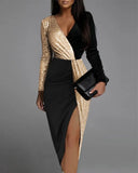 Patcute New Luxury High Waist Party Dress Elegant Black Gold Sequins Splice Long Sleeve Prom Split Women Dresses