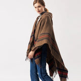 Patcute Fringed Stripe Jacquard Knit hooded cloak Women Shawl Cape Cardigan Winter Warm Vintage Scarves Ponchos Scarf Outwear