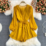 Patcute  Sexy Puff Sleeve Jumpsuit Lace-up korean Fashion playsuit One Piece Women Wide Leg Shorts Bodysuit  Beach vacation boho Bodysuit