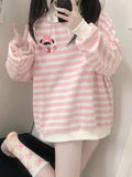 Patcute   Kawaii Pink Striped Sweatshirt Woman Japanese Cute Cartoon Print Autumn Winter Polo Collar Hoodies Soft Girl Pullover