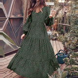 Patcute  Floral Chiffon Fashion High Quality Maxi Dress Boho Women V-Neck Retro Holiday Leisure Long Sleeved Beach Temperament Lady Robe