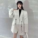 Patcute   Women Fashion Double Breasted Loose Blazer Korean High Street Long Sleeve Suit Jacket Black Notched Collar Ladies Outerwear