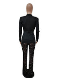 Patcute  Casaul Two Piece Set Office Lady Bubble Bead Sheer Mesh Jacket Coat + Long Pants Tracksuit Clothes For Women Outfit