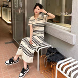 Patcute Korean Casual Striped Knitted Dress Women Summer New Turn-down Collar Design Short Sleeve Midi Dress Ladies Sweater Dress