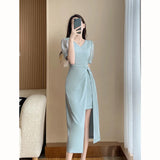 Patcute  Dress summer HIGH sense chic COLLECT WAIST TEMPERAMENT FOREIGN gas short sleeve show thin slim open fork dress