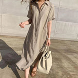 Patcute Summer Cotton and Linen Long Dress Fashion New Polo Neck Single Breasted Shirt Dress Casual Simplicity Loose Lace-up Vestidos