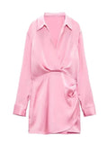 Patcute Women's Lapel Collar Satin Shirt Dress Long Sleeve Mini Slim Dress Office Women's Silk Satin V Neck Elegant Casual Pink Party