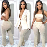 Patcute  Casaul Two Piece Set Office Lady Bubble Bead Sheer Mesh Jacket Coat + Long Pants Tracksuit Clothes For Women Outfit